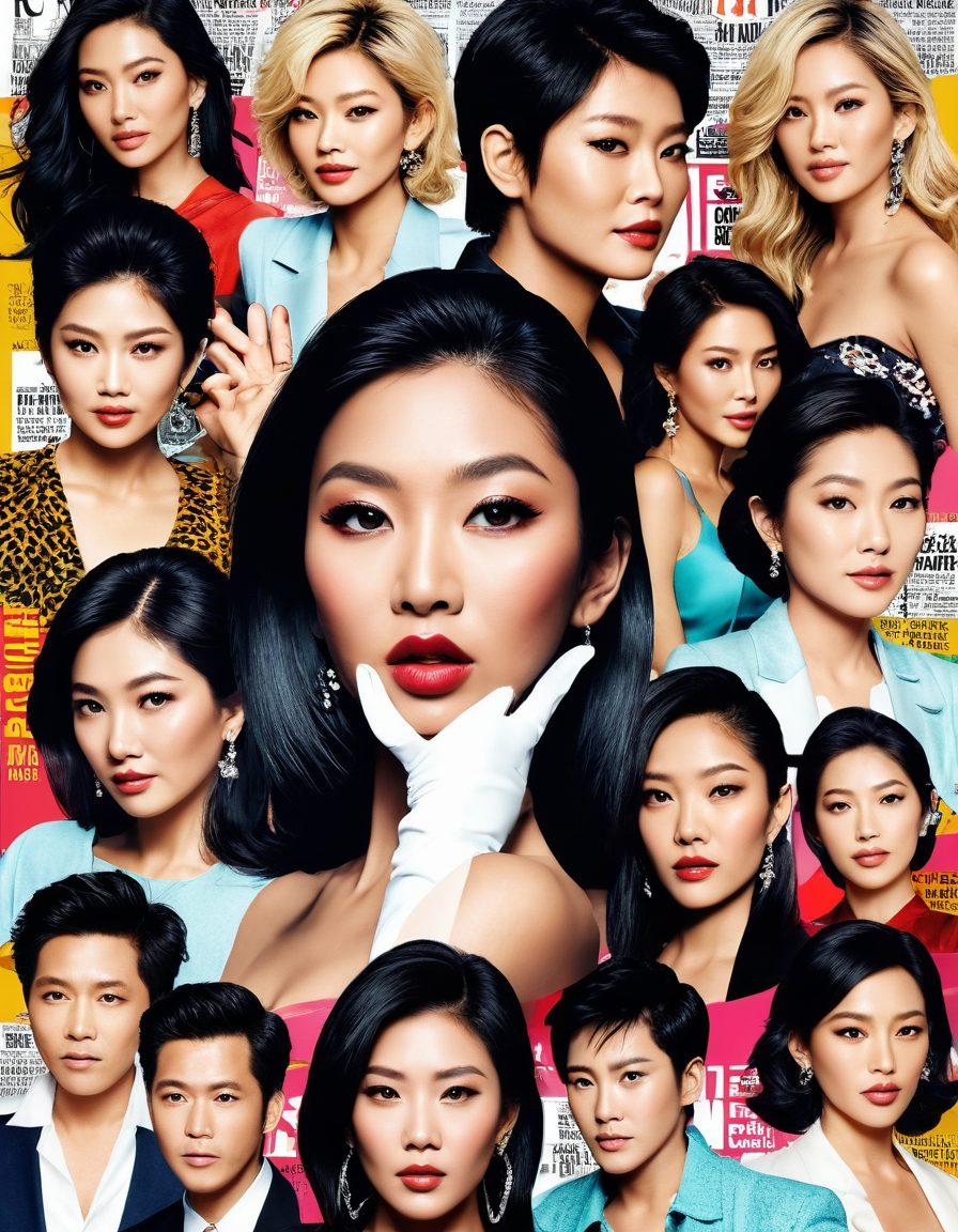 A glamorous collage of Asian celebrities engulfed in a whirlwind of juicy scandal-themed elements, featuring paparazzi flashes, juicy tabloid headlines, and a dramatic background with a mix of opulent fashion styles. Incorporate facial expressions of surprise and intrigue to convey the thrill of gossip. The image should radiate vibrancy with bold, stylish typography for the headlines. vibrant colors. 3D effect.