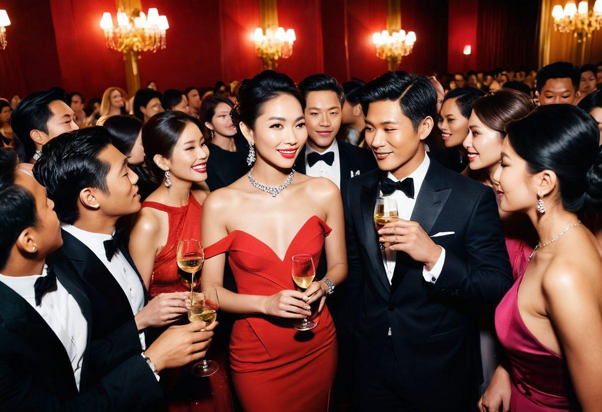 A glamorous scene depicting a bustling Asian celebrity gala, with a mix of vibrant red carpets and hidden secrets lurking in the shadows. Capture a diverse crowd of stylishly dressed celebrities whispering and giggling, surrounded by glimmering paparazzi flashes. Incorporate elements like sparkling wine glasses and fashion-forward accessories, hinting at juicy revelations. The backdrop should feature elaborate décor, creating an aura of intrigue and excitement. vibrant colors. cinematic style.